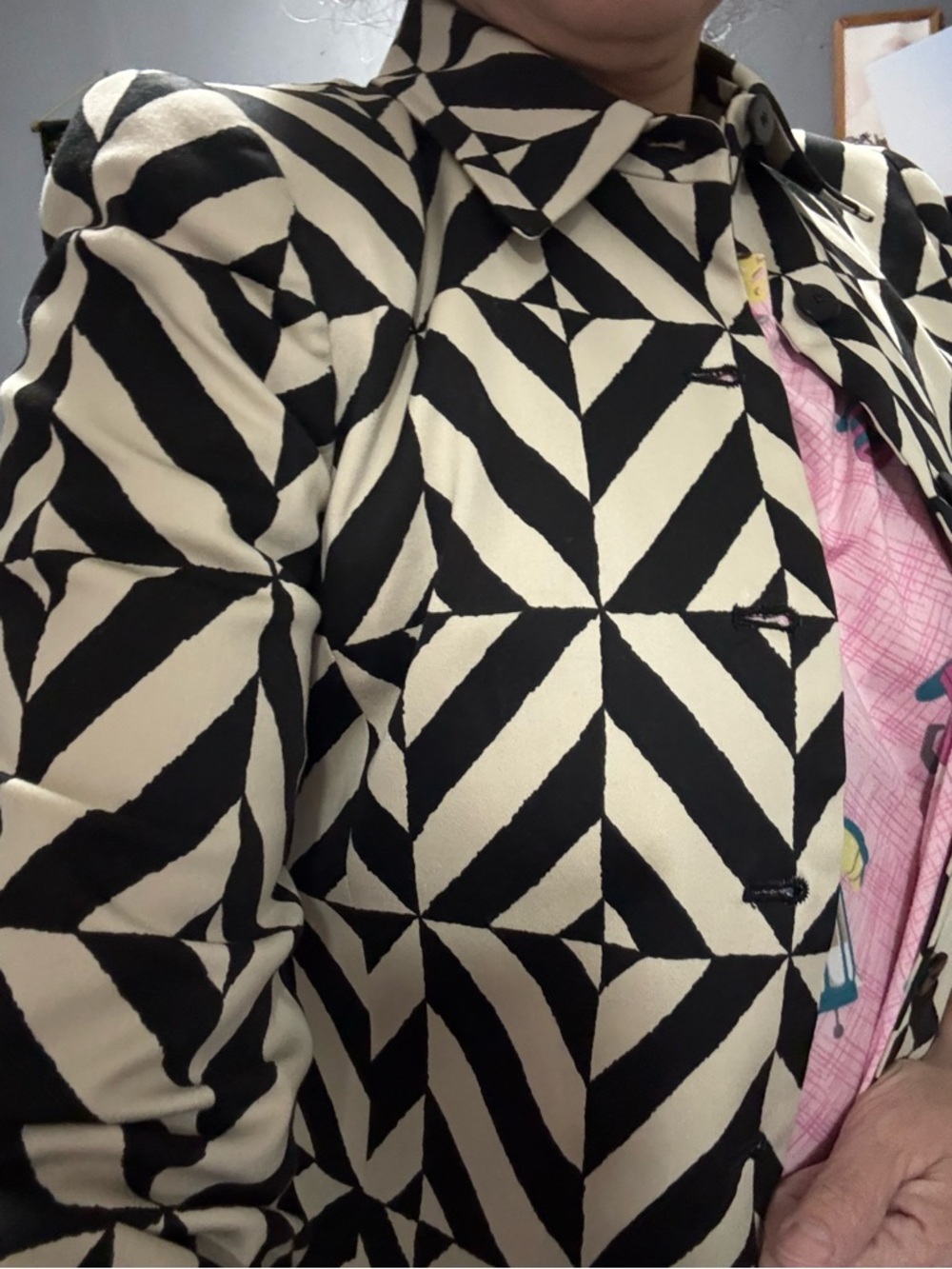 Black & Cream Geometric Pattern Blazer Jacket